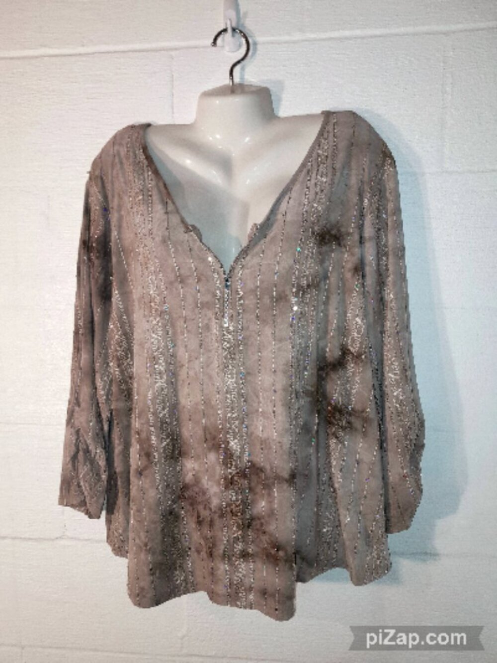Sami & Jo Plus 2X Beige Tan Tie Dye Sparkly Sequin Quarter Zip Dressy Top Blouse